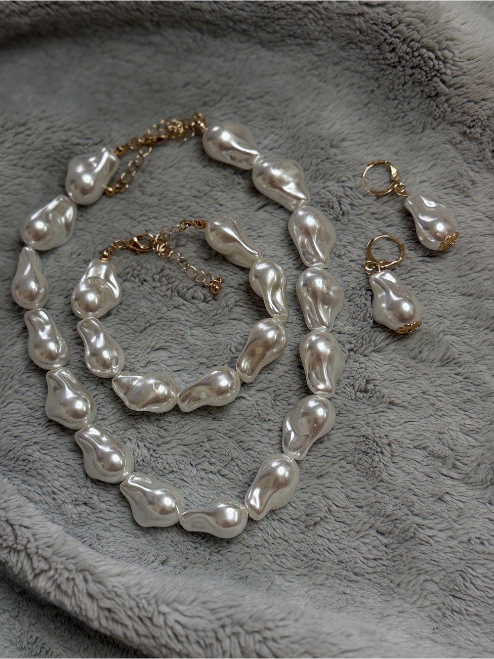🤍New Faux Pearl Jewelry Set – Necklace, Bracelet & Earrings